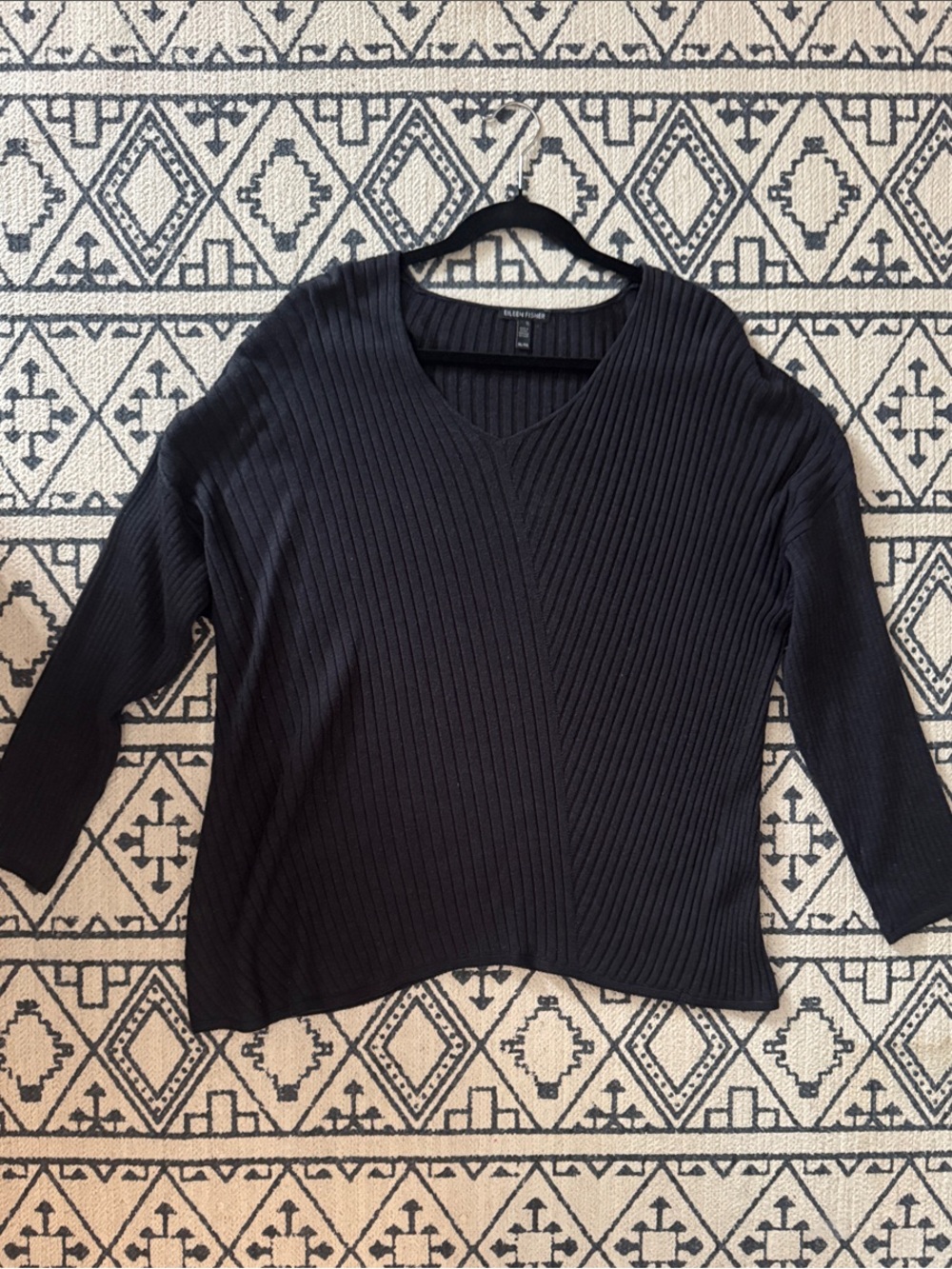 Eileen Fisher Asymmetrical Black Ribbed V-Neck Sweater